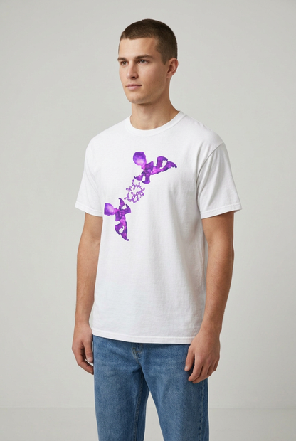 T-shirt Fantasy – Stampa viola su bianco